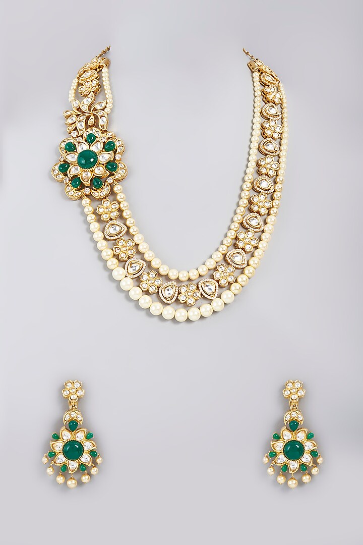 Gold Finish Necklace Set With Pearls & Kundan Polki by Masaya Jewellery