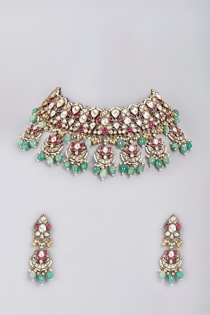 Gold Finish Ruby Synthetic Stones & Kundan Polki Necklace Set by Masaya Jewellery