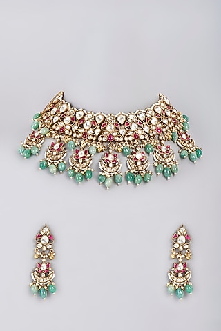 Gold Finish Ruby Synthetic Stones & Kundan Polki Necklace Set by Masaya Jewellery
