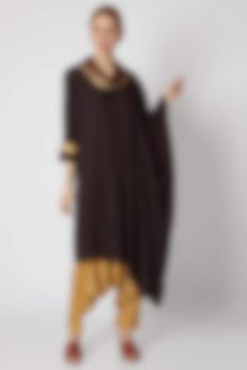 Dark Brown Kaftan Tunic With Gold Dhoti Pants by Mayank Anand & Shraddha Nigam