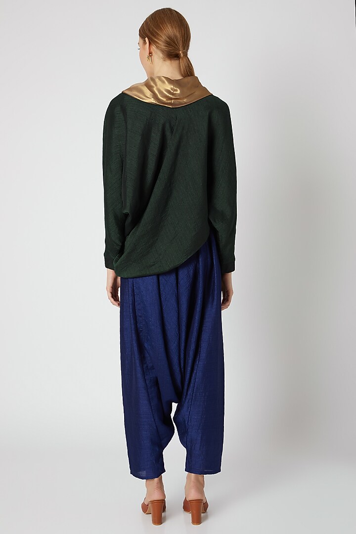 Bottle Green Draped Top With Blue Dhoti Pants by Mayank Anand & Shraddha Nigam at Pernia's Pop Up Shop