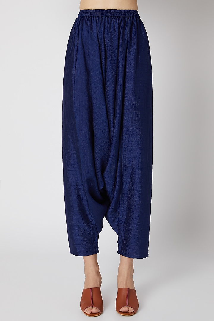 Bottle Green Draped Top With Blue Dhoti Pants by Mayank Anand & Shraddha Nigam at Pernia's Pop Up Shop