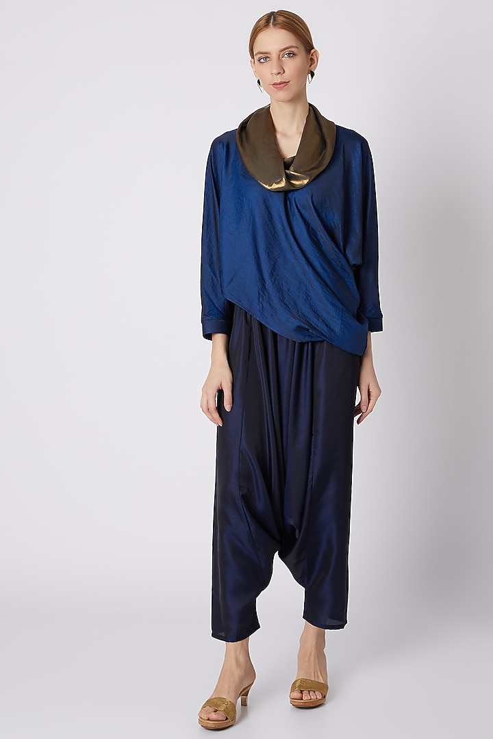 Midnight Blue Cowled Top With Dhoti Pants by Mayank Anand & Shraddha Nigam at Pernia's Pop Up Shop