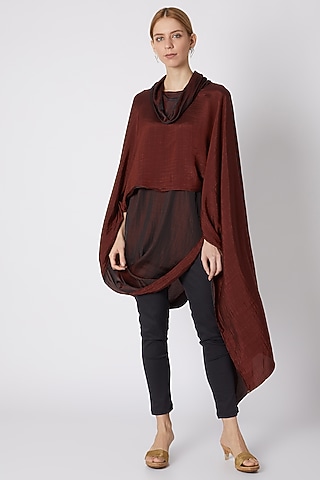 Maroon Draped Top With Black Pants by Mayank Anand & Shraddha Nigam