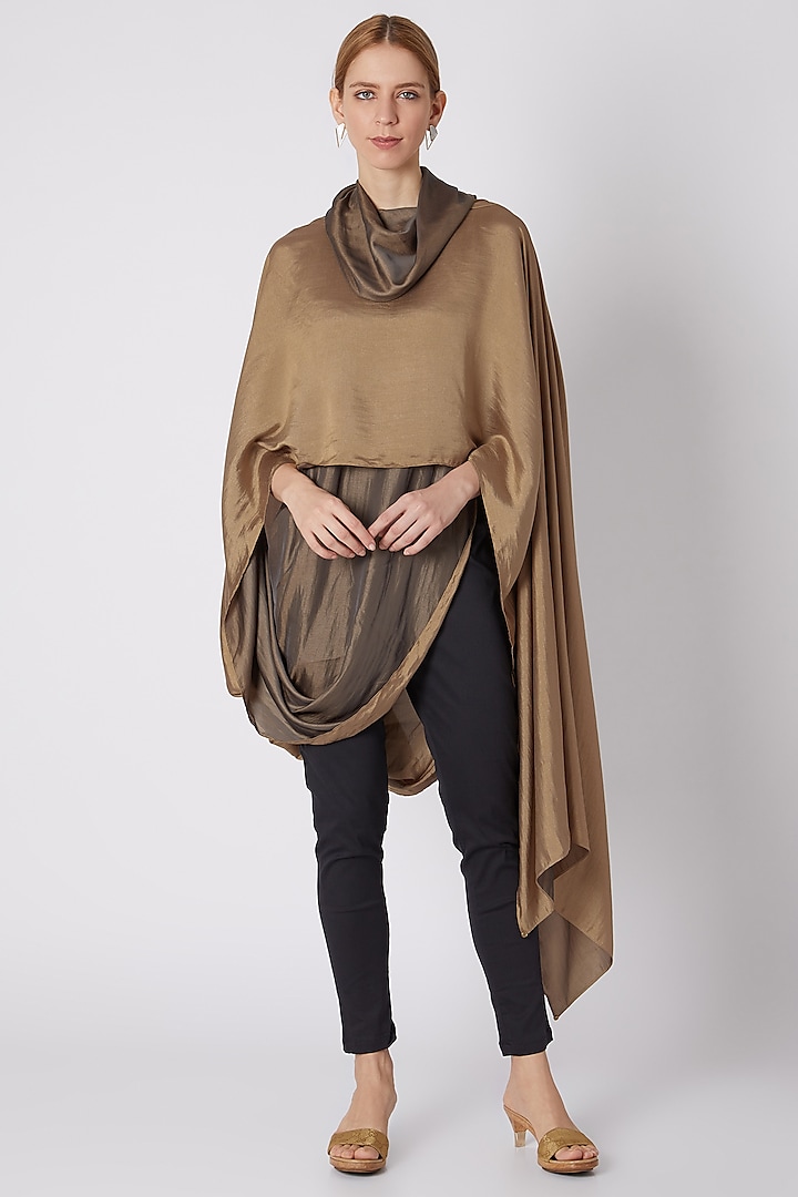 Greige Draped Top With Cowl Neck by Mayank Anand & Shraddha Nigam at Pernia's Pop Up Shop