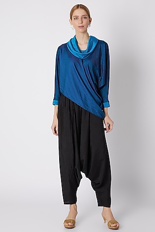 Turquoise Cowled Top With Dhoti Pants by Mayank Anand & Shraddha Nigam