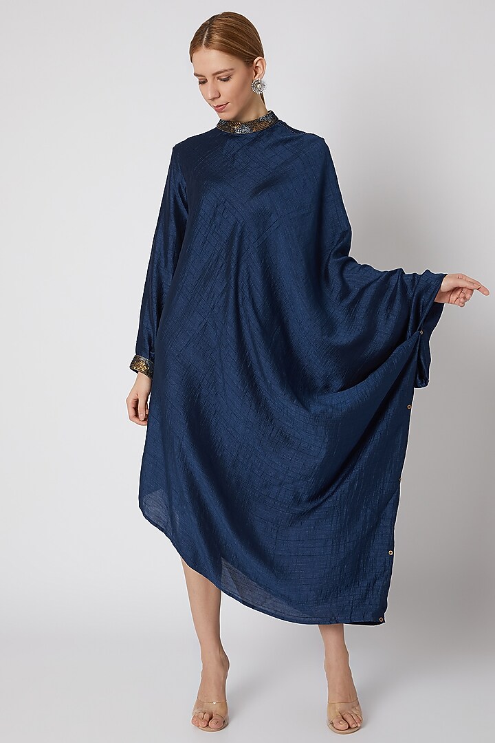 Dark Blue Band Collared Summer Dress by Mayank Anand & Shraddha Nigam at Pernia's Pop Up Shop