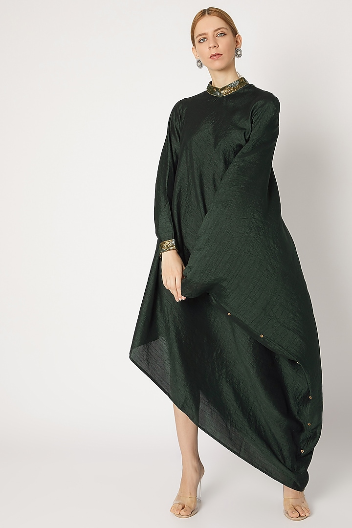 Dark Green Band Collared Summer Dress by Mayank Anand & Shraddha Nigam at Pernia's Pop Up Shop