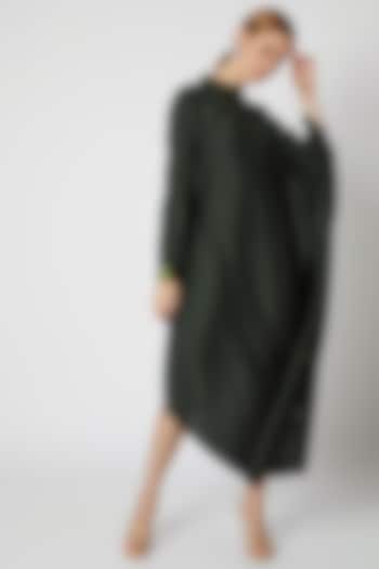 Dark Green Summer Dress With Band Collar by Mayank Anand & Shraddha Nigam at Pernia's Pop Up Shop