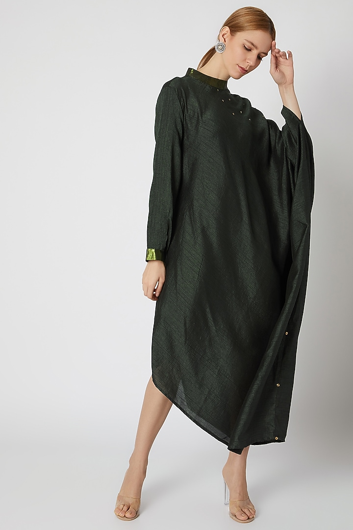 Dark Green Summer Dress With Band Collar by Mayank Anand & Shraddha Nigam at Pernia's Pop Up Shop