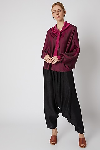 Dark Pink Tie-Neck Top With Pants by Mayank Anand & Shraddha Nigam