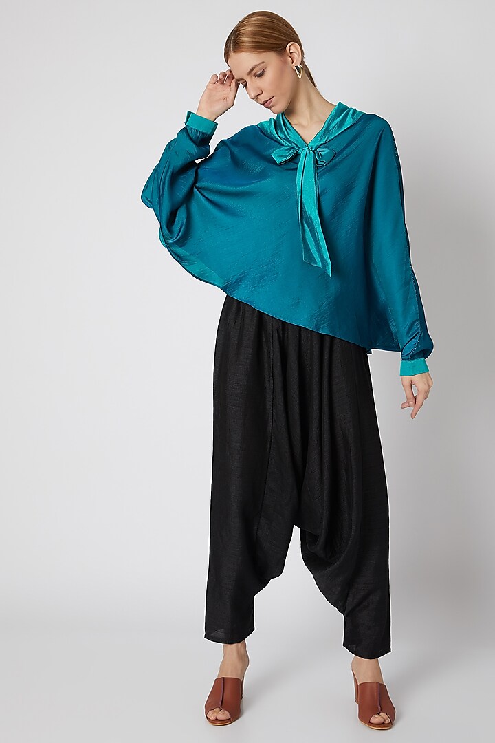 Blue Tie-Neck Top With Pants by Mayank Anand & Shraddha Nigam