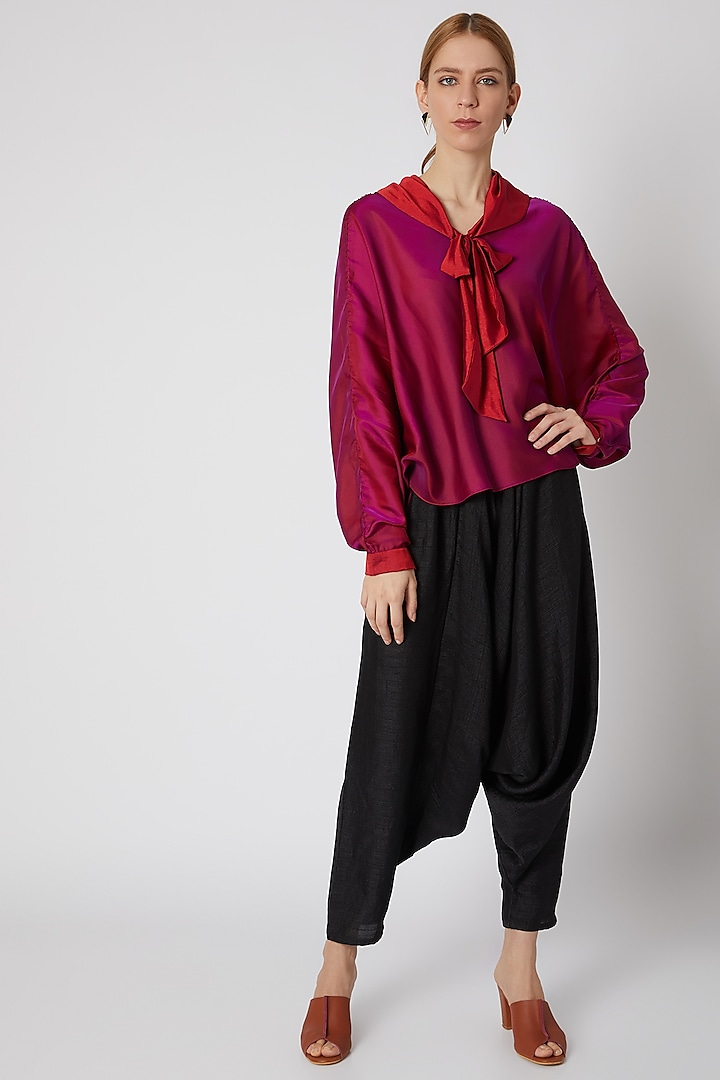 Burgundy Pink Tie-Neck Top With Pants by Mayank Anand & Shraddha Nigam