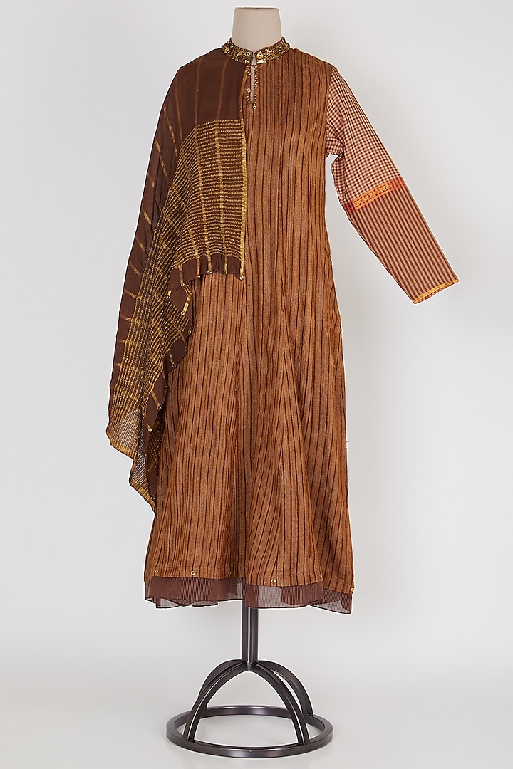 Dark Brown & Gold Panelled Dress by Mayank Anand & Shraddha Nigam