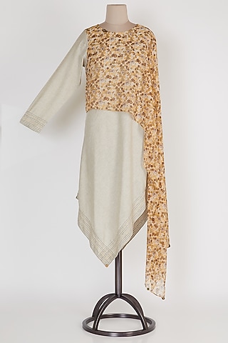 Brown & Beige Draped Lopsided Tunic by Mayank Anand & Shraddha Nigam