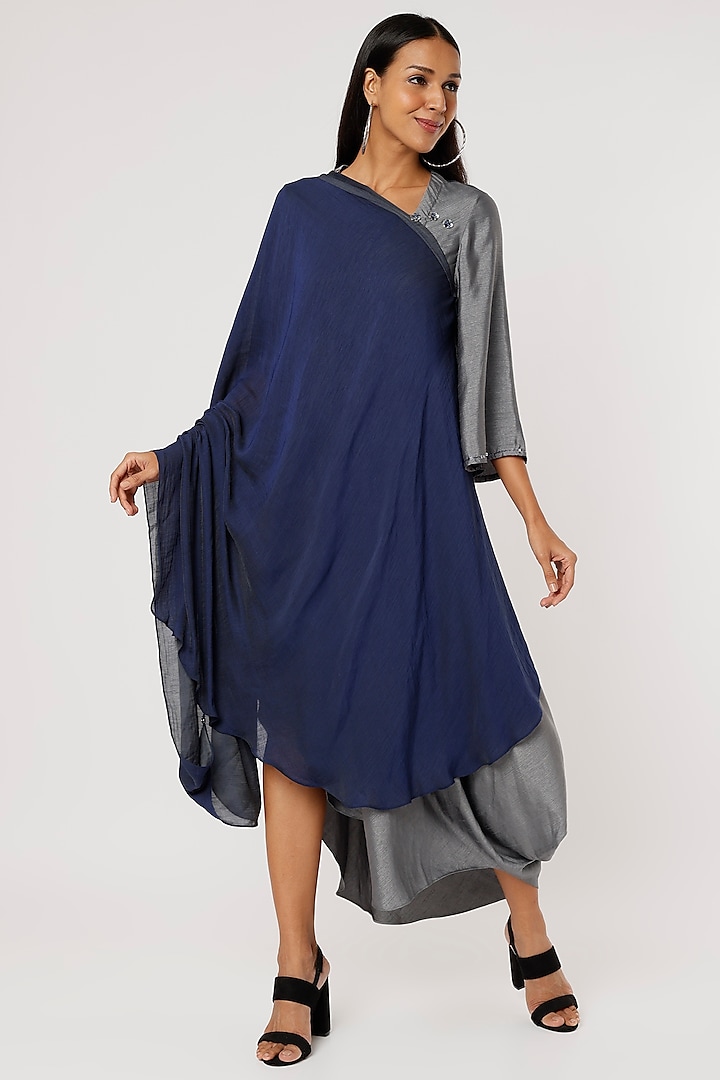 Dark Blue & Grey Bamboo Silk Draped Saree Tunic by Mayank Anand & Shraddha Nigam