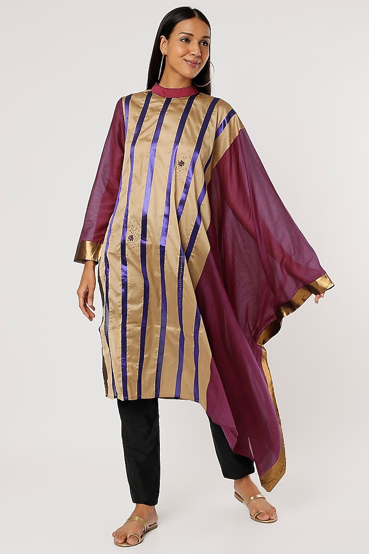 Beige & Purple Silk Draped Tunic by Mayank Anand & Shraddha Nigam