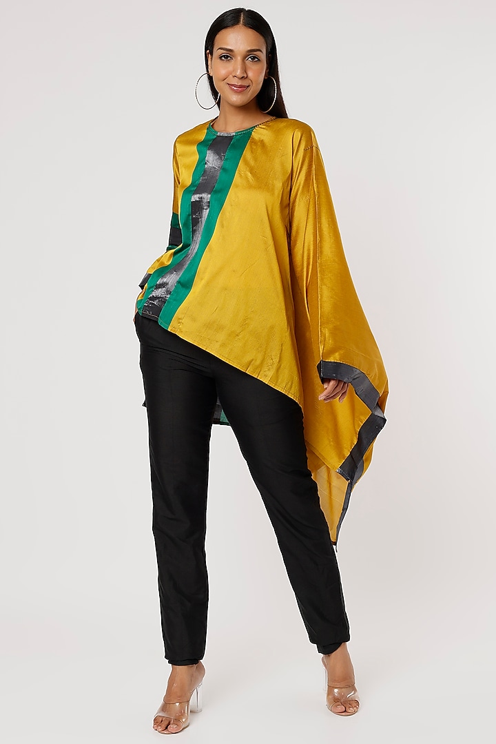 Yellow & Emerald Green Silk Short Top by Mayank Anand & Shraddha Nigam