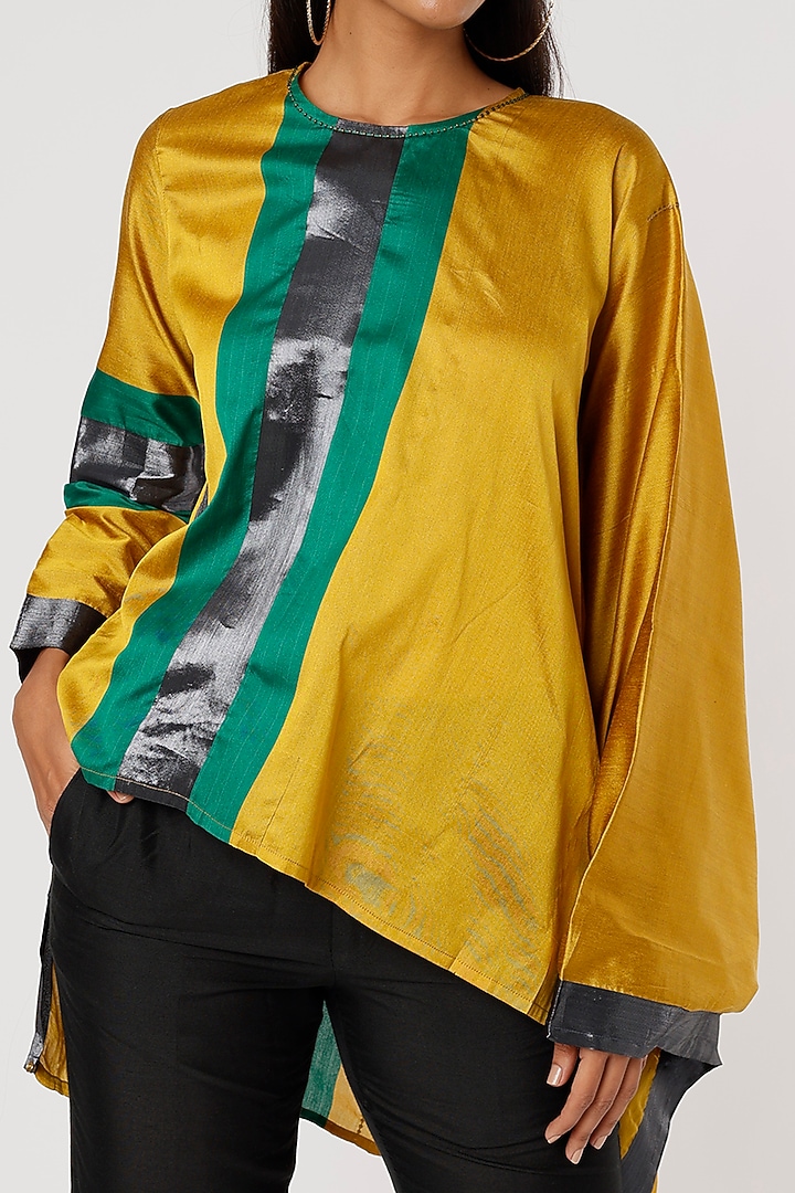 Yellow & Emerald Green Silk Short Top by Mayank Anand & Shraddha Nigam at Pernia's Pop Up Shop