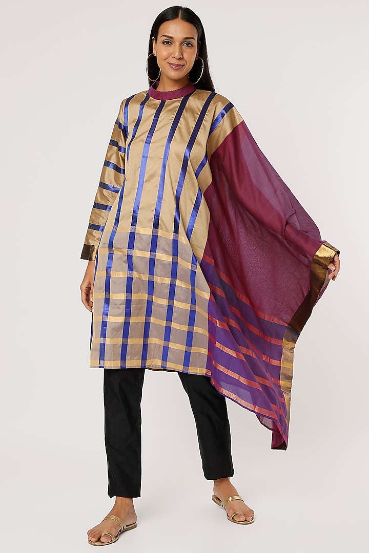 Beige & Purple Silk Draped Tunic by Mayank Anand & Shraddha Nigam