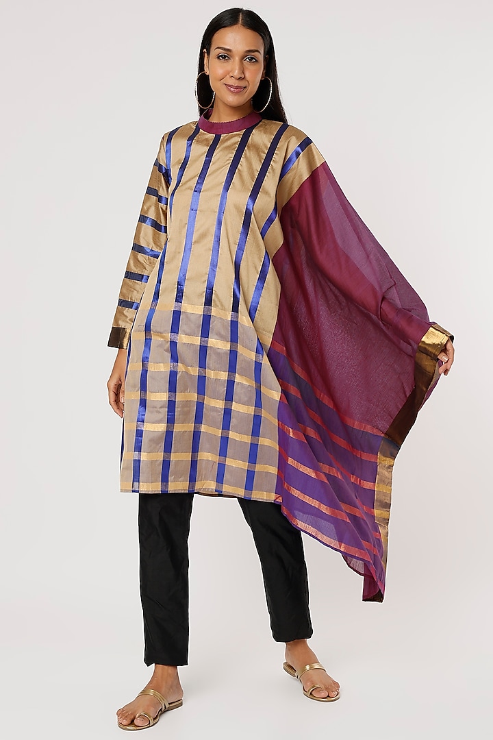 Beige & Purple Silk Draped Tunic by Mayank Anand & Shraddha Nigam at Pernia's Pop Up Shop