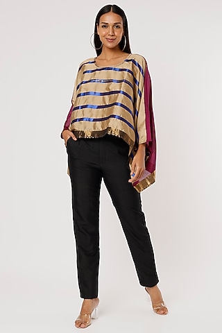 Beige & Purple Silk Poncho Top by Mayank Anand & Shraddha Nigam