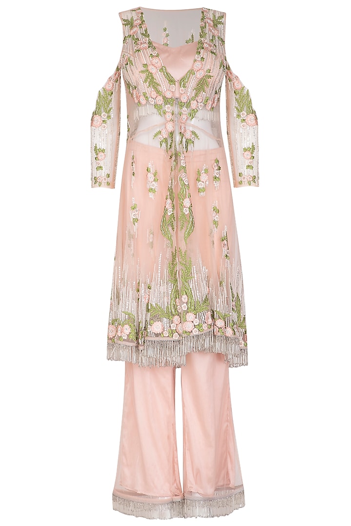 Light Peach Embroidered Jacket With Bustier & Palazzo Pants by Mansi Malhotra