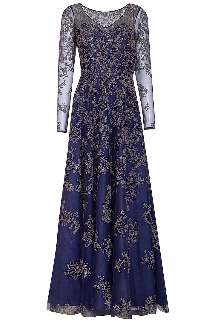 Cobalt Blue Embroidery Bridal Anarkali Set by Mansi Malhotra at Pernia's Pop Up Shop