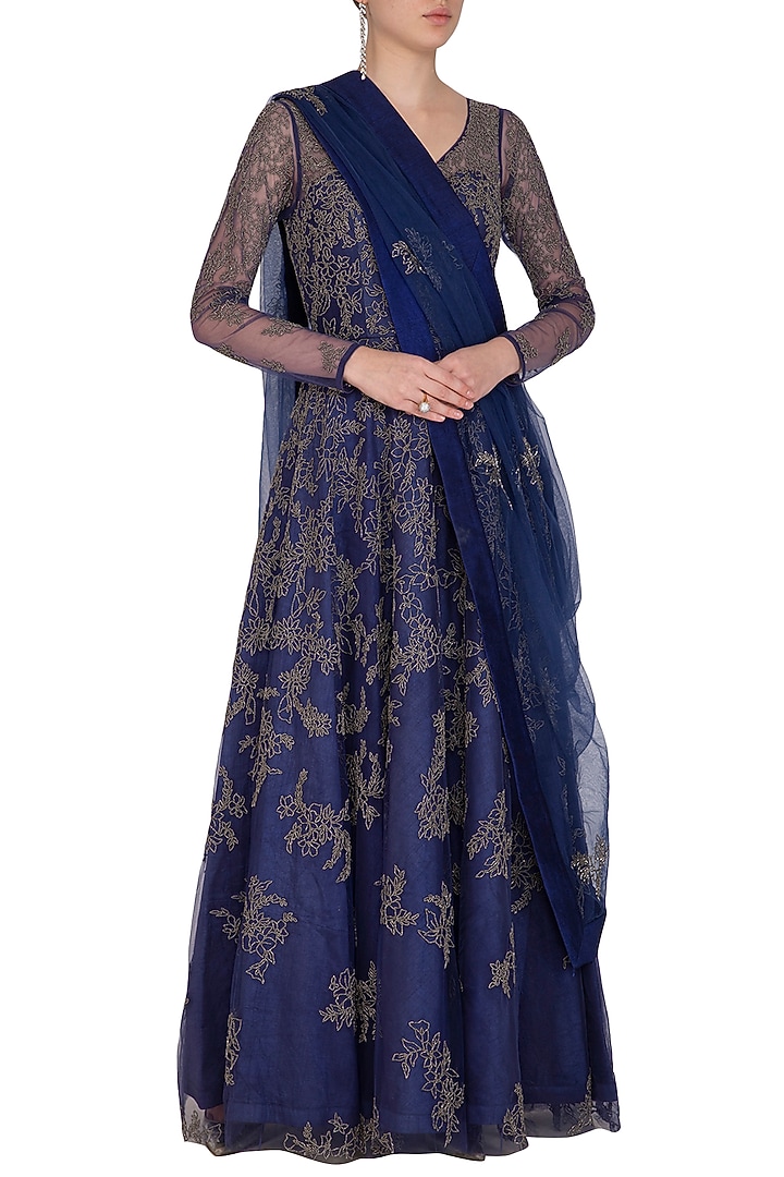 Cobalt Blue Embroidery Bridal Anarkali Set by Mansi Malhotra at Pernia's Pop Up Shop