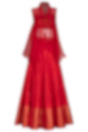 Scarlet Red Embroidered Lehenga Set With Jacket by Mansi Malhotra