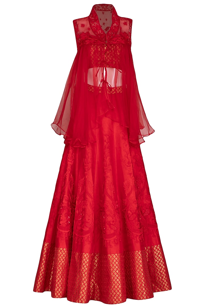 Scarlet Red Embroidered Lehenga Set With Jacket by Mansi Malhotra