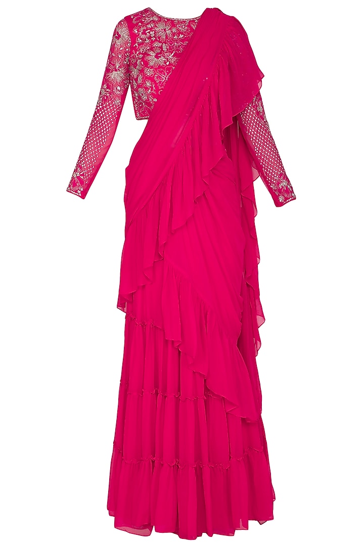Fuchsia Pink Embroidered Pre-Draped Saree Set by Mansi Malhotra