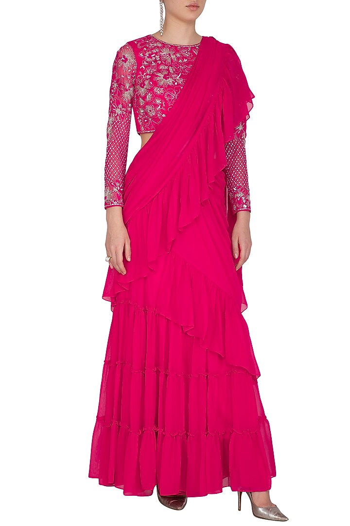 Fuchsia Pink Embroidered Pre-Draped Wedding Saree Set by Mansi Malhotra at Pernia's Pop Up Shop