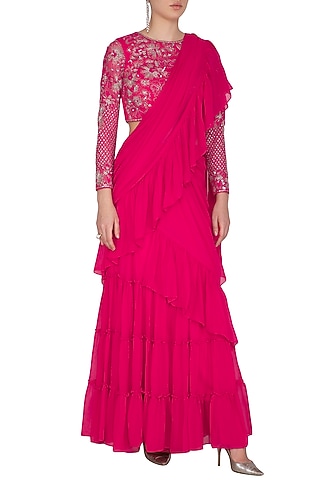 Fuchsia Pink Embroidered Pre-Draped Saree Set by Mansi Malhotra