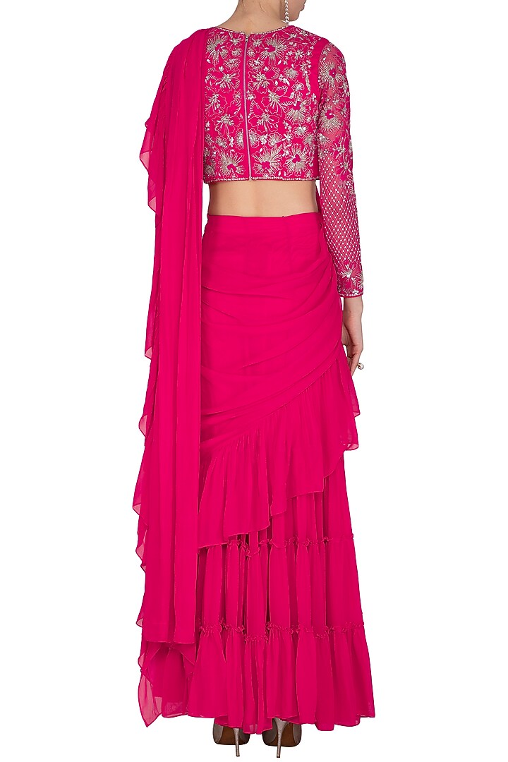 Fuchsia Pink Embroidered Pre-Draped Wedding Saree Set by Mansi Malhotra at Pernia's Pop Up Shop