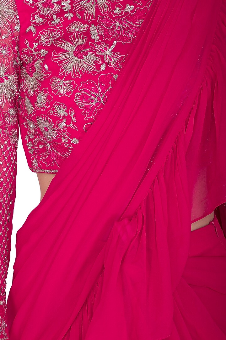 Fuchsia Pink Embroidered Pre-Draped Wedding Saree Set by Mansi Malhotra at Pernia's Pop Up Shop