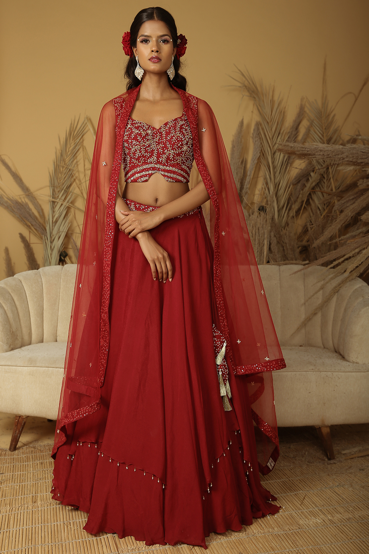 Maroon Georgette Embroidered Layered Wedding Lehenga Set by MANISHA SONI at Pernia's Pop Up Shop