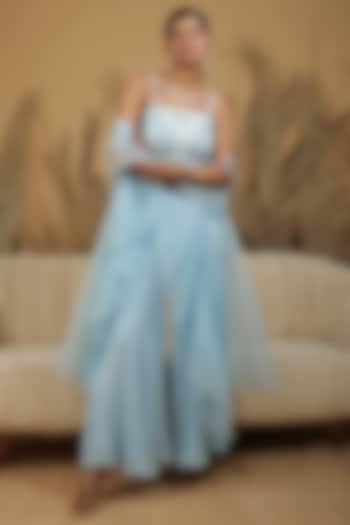 Powder Blue Georgette Crepe Mirror Hand Embellished Flared Pant Set by MANISHA SONI at Pernia's Pop Up Shop