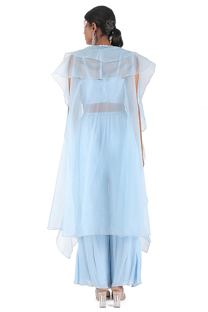 Powder Blue Georgette Crepe Mirror Hand Embellished Flared Pant Set by MANISHA SONI at Pernia's Pop Up Shop
