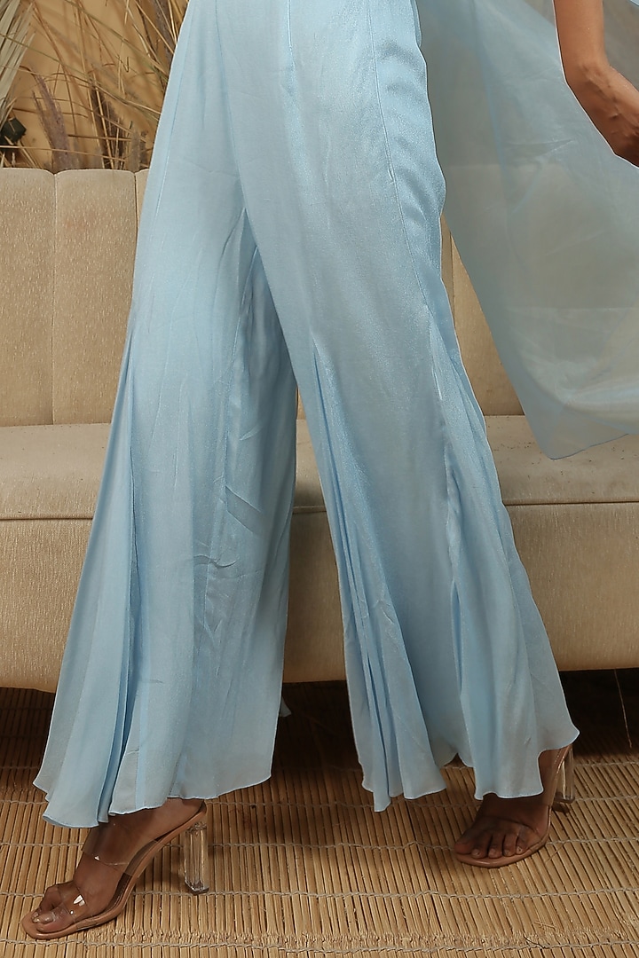 Powder Blue Georgette Crepe Mirror Hand Embellished Flared Pant Set by MANISHA SONI at Pernia's Pop Up Shop