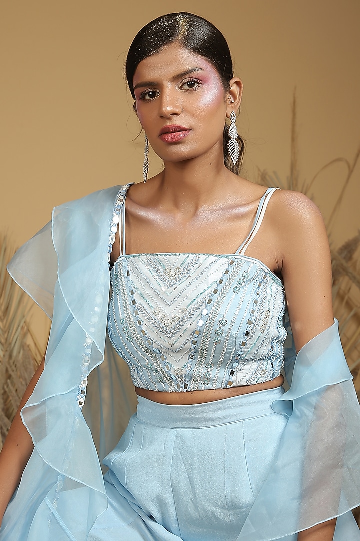 Powder Blue Georgette Crepe Mirror Hand Embellished Flared Pant Set by MANISHA SONI at Pernia's Pop Up Shop