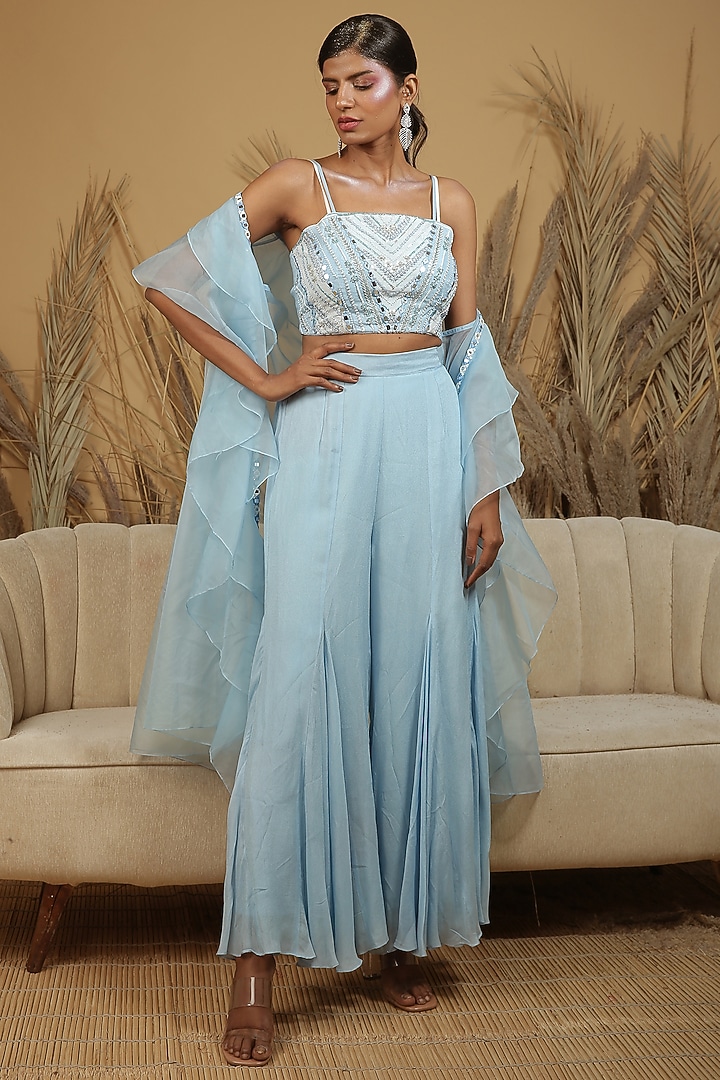 Powder Blue Georgette Crepe Mirror Hand Embellished Flared Pant Set by MANISHA SONI at Pernia's Pop Up Shop