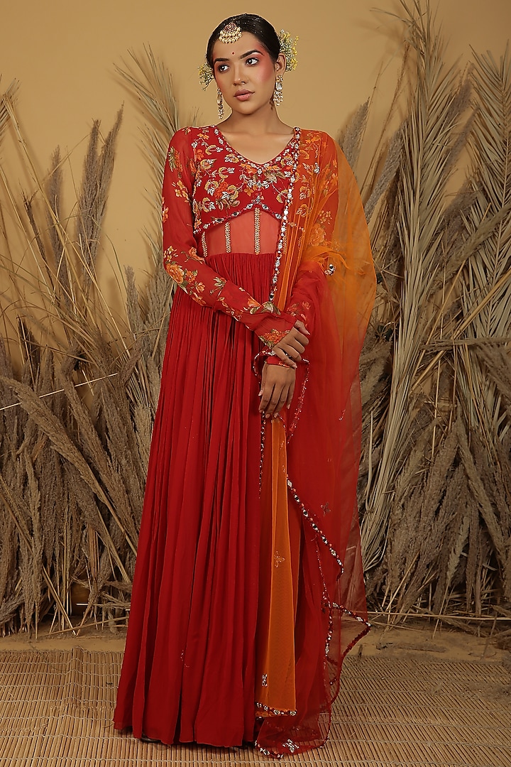 Red Georgette Aari & Zardosi Embroidered Anarkali Set by MANISHA SONI at Pernia's Pop Up Shop