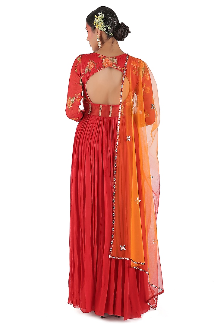 Red Georgette Aari & Zardosi Embroidered Party Wear Anarkali Set by MANISHA SONI at Pernia's Pop Up Shop