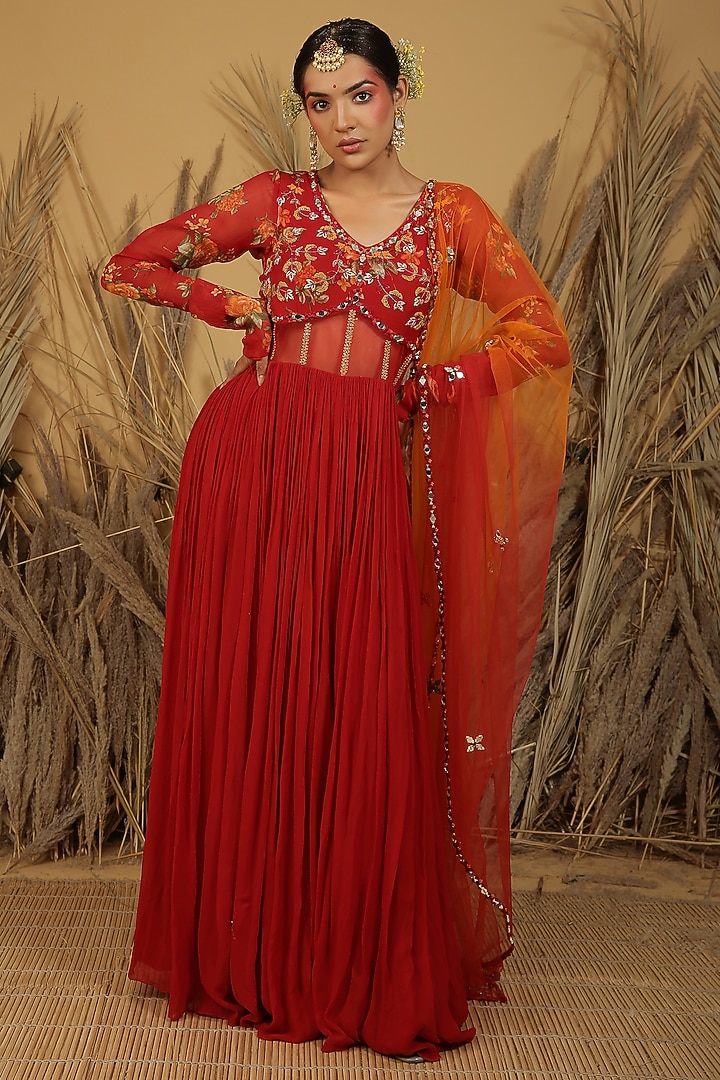 Red Georgette Aari & Zardosi Embroidered Party Wear Anarkali Set by MANISHA SONI at Pernia's Pop Up Shop