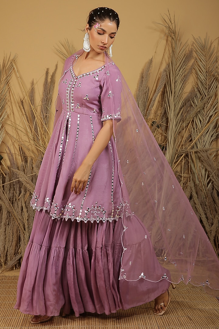 Mauve Georgette Two-Tiered Wedding Sharara Set by MANISHA SONI at Pernia's Pop Up Shop
