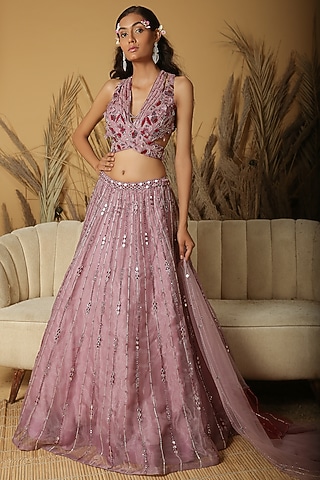 Mauve Organza Cutdana & Mirror Embellished Handcrafted Lehenga Set by MANISHA SONI