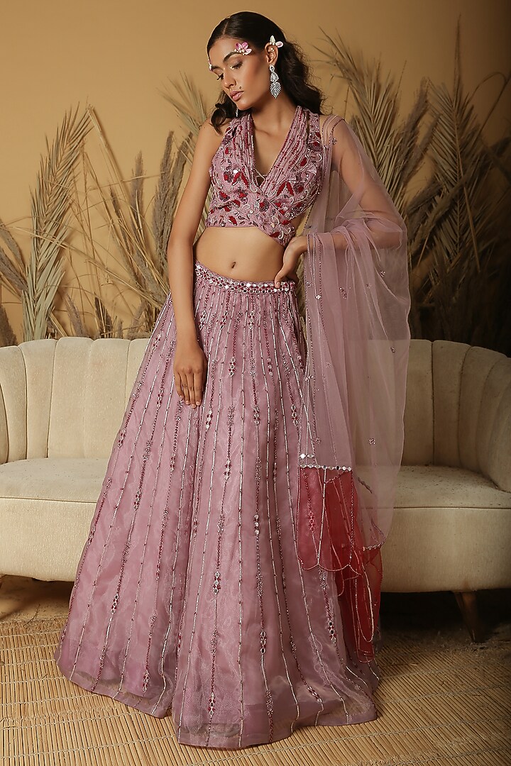 Mauve Organza Cutdana & Mirror Embellished Handcrafted Wedding Lehenga Set by MANISHA SONI at Pernia's Pop Up Shop