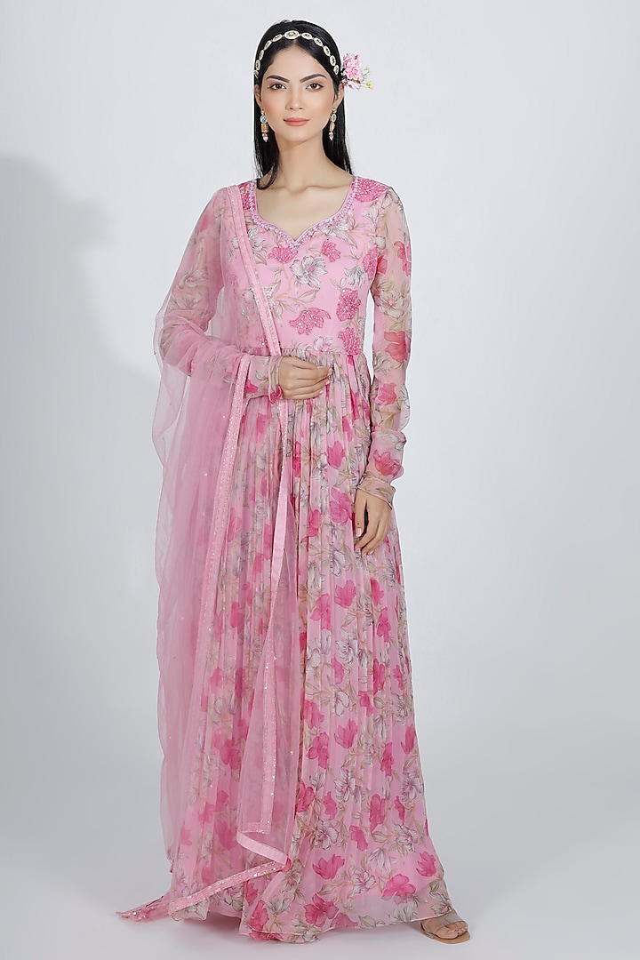 Pink Chiffon Floral Printed & Cutdana Embroidered Anarkali Set by MANISHA SONI