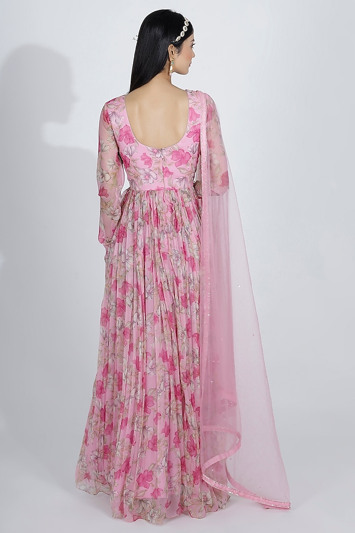 Pink Chiffon Floral Printed & Cutdana Embroidered Party Wear Anarkali Set by MANISHA SONI at Pernia's Pop Up Shop